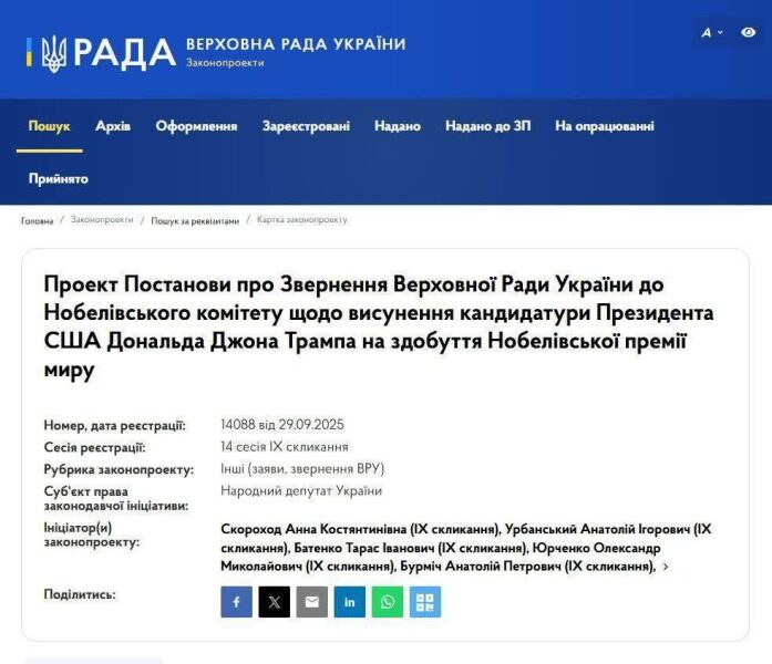 До ВР внесено законопроект щодо висунення президента США Трампа на Нобелівську премію миру
